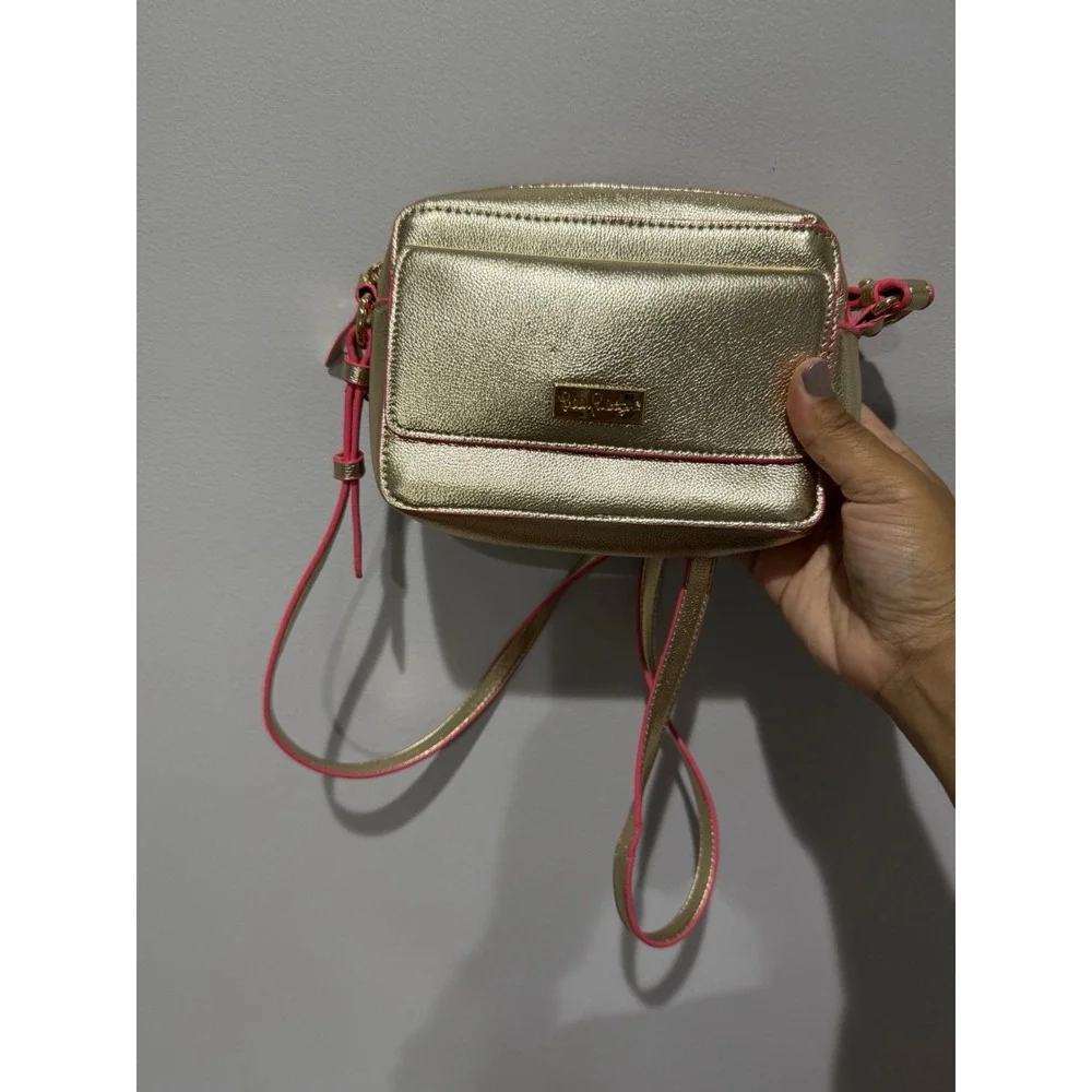 Lilly Pulitzer Metallic Gold Crossbody Bag With Pink Trim Lilia's NWOT T